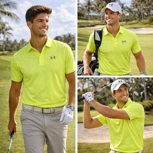 NWT Under Armour HeatGear Golf Polo Mens Neon Yellow Short Sleeve Loose Fit L